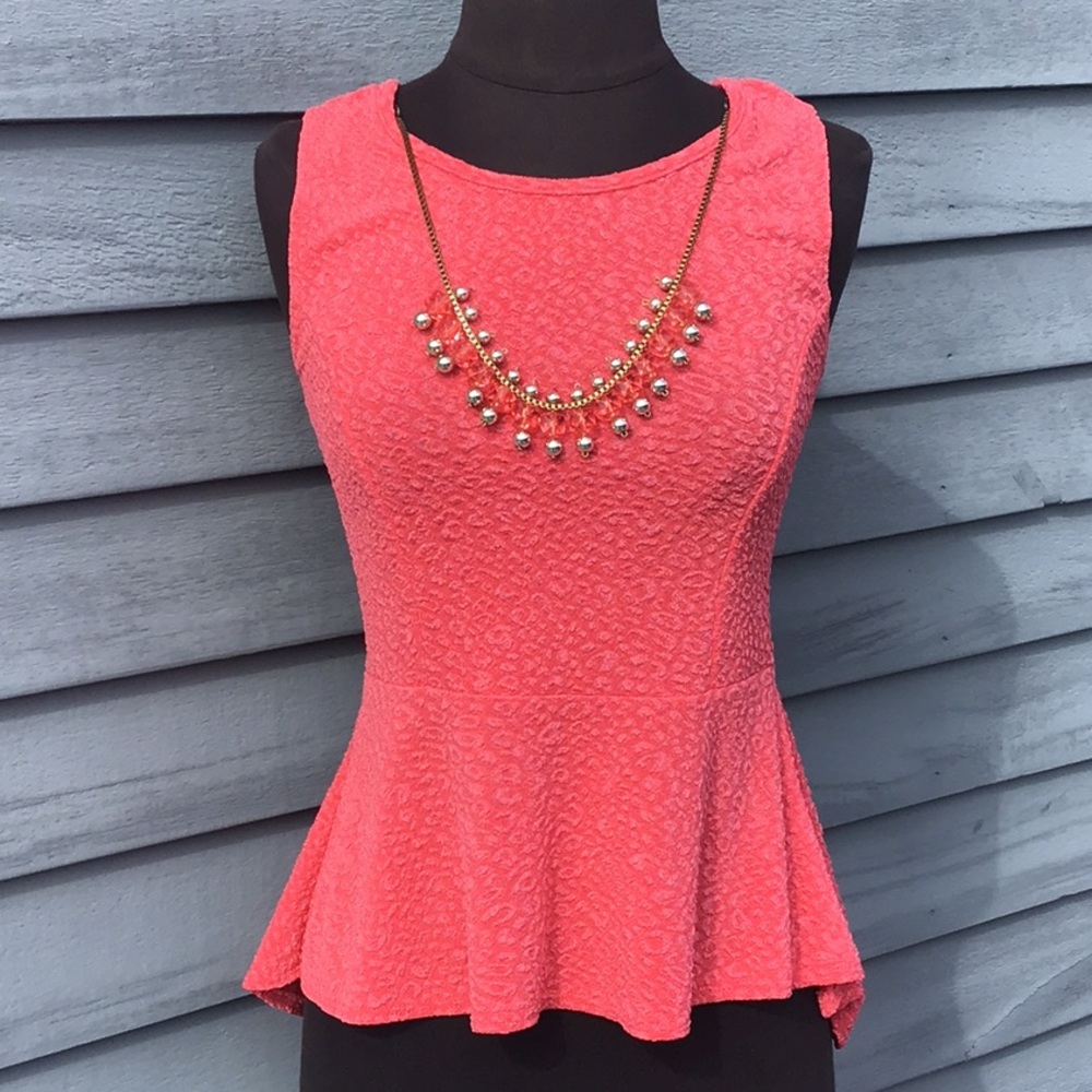 Coral Textured Peplum Top w/ Detachable Necklace